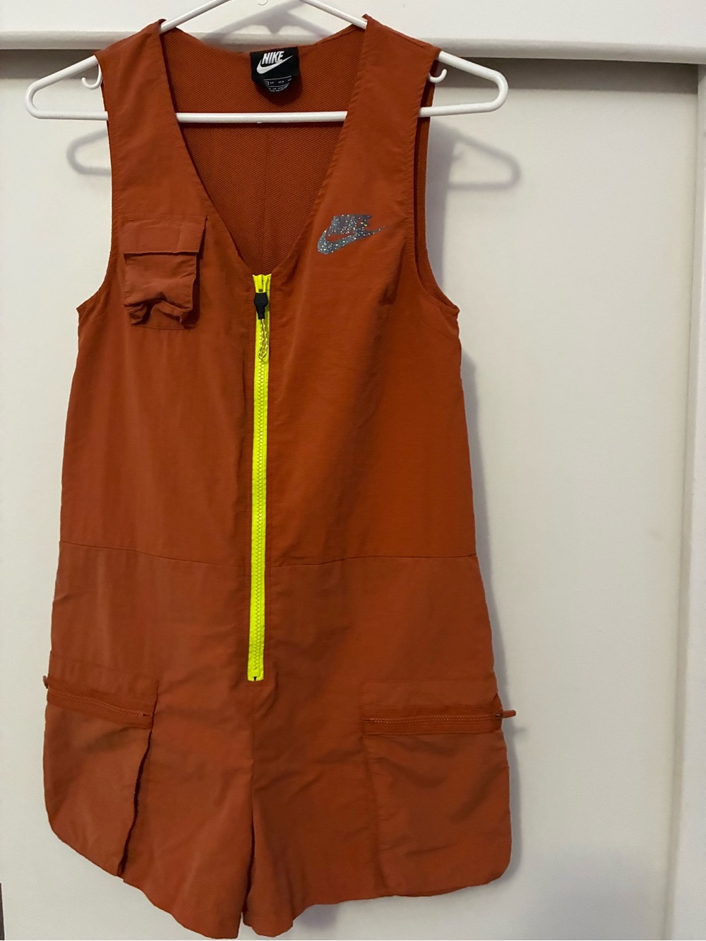 Nike Rust Orange Kids Zip Romper with Neon Yellow Zipper